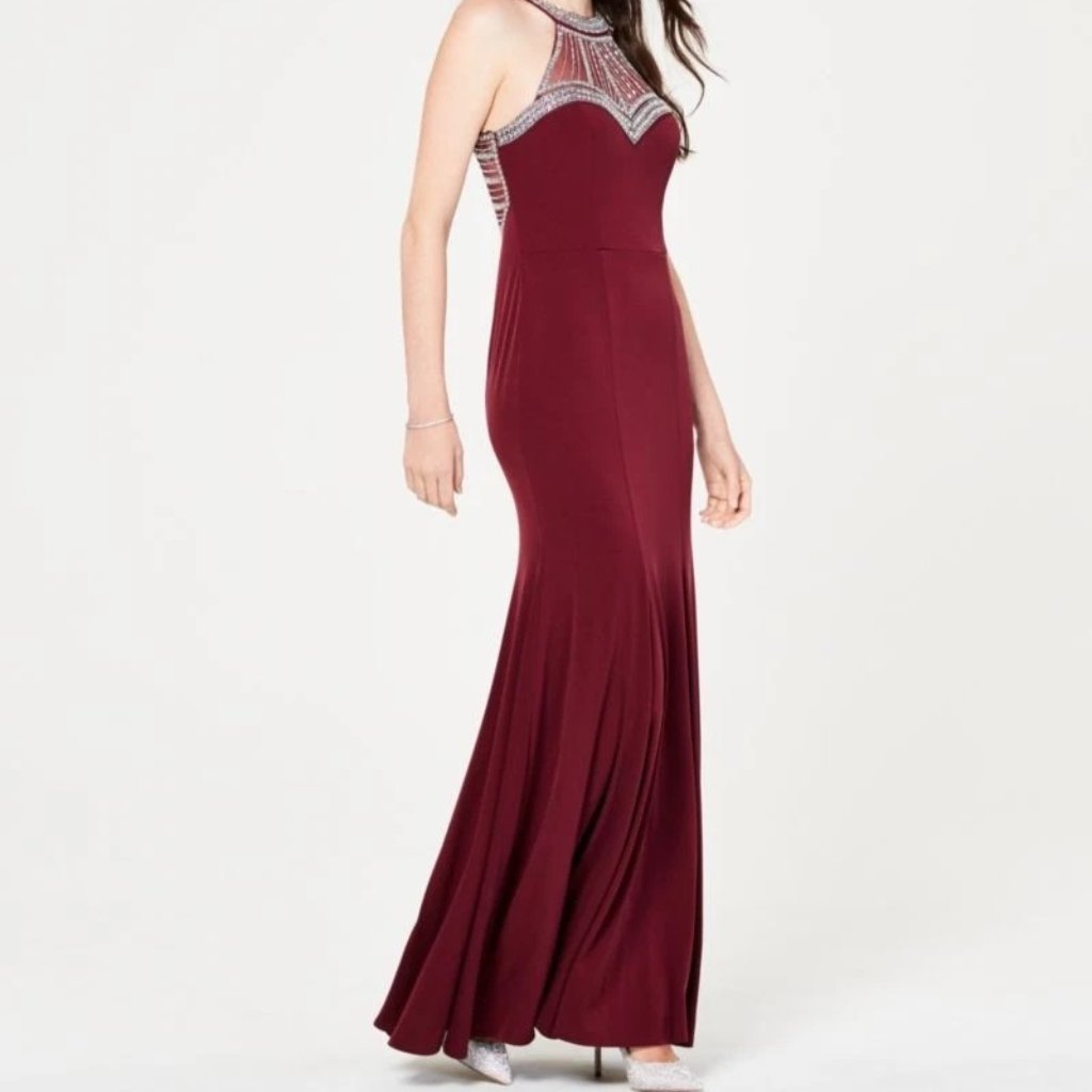 Say Yes To The Prom Burgundy Beaded Halter Formal Gown Sz 13 Long Dress
